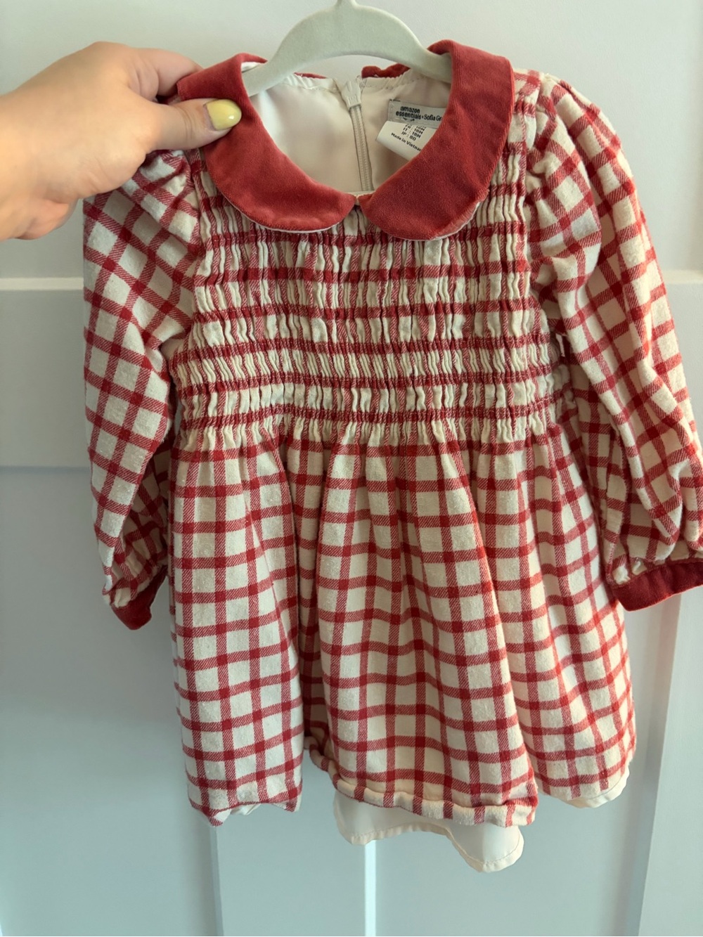 Amazon Essentials Red & Cream Plaid Smocked Dress with Velvet Peter Pan Collar